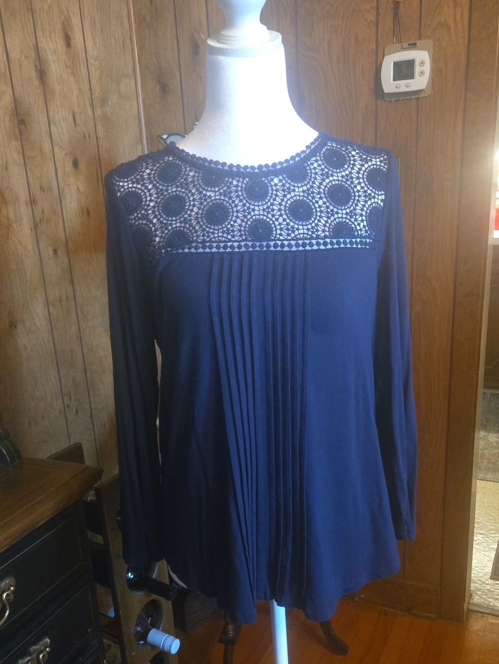 Daniel Rainn Navy Crochet Yoke Pleated Long Sleeve Top